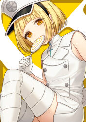 Rule 34 | 1girl, bare shoulders, bleach, blonde hair, candy, commentary request, covered mouth, food, gloves, hat, highres, holding, holding candy, holding food, holding lollipop, jacket, karokuchitose, liltotto lamperd, lollipop, looking at viewer, orange eyes, peaked cap, pleated skirt, shirt, sitting, skirt, sleeveless, sleeveless jacket, sleeveless shirt, solo, swirl lollipop, thighhighs, white gloves, white hat, white jacket, white shirt, white skirt, white thighhighs