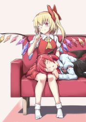 Rule 34 | 2girls, armband, ascot, black vest, blonde hair, blush, bobby socks, bow, commentary request, couch, demon wings, finger to cheek, flandre scarlet, hair between eyes, hair bow, head tilt, head wings, koakuma, lap pillow, long hair, long sleeves, looking at viewer, lying, multiple girls, no headwear, no shoes, on side, one eye closed, pointy ears, puffy short sleeves, puffy sleeves, red eyes, red hair, red skirt, red vest, ryuuno stadtfeld, shadow, shirt, short hair, short hair with long locks, short sleeves, side ponytail, sitting, skirt, sleeping, smile, socks, touhou, vest, white background, white legwear, white shirt, wings, yellow ascot