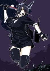 Rule 34 | &gt;:o, 10s, 1girl, :o, arm behind head, black gloves, black skirt, black thighhighs, cloud, cloudy sky, fingerless gloves, full body, gloves, headgear, holding, holding sword, holding weapon, jacket, jumping, kantai collection, looking at viewer, machinery, moon, night, ocean, open clothes, open jacket, partially fingerless gloves, pleated skirt, short sleeves, simple background, skirt, sky, solo, splashing, star (sky), starry sky, swinging, sword, tanaka hirotaka, tenryuu (kancolle), thighhighs, v-shaped eyebrows, water, weapon