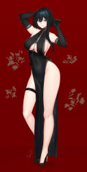 Rule 34 | 1girl, bare shoulders, black dress, black footwear, black gloves, black hair, blush, breasts, china dress, chinese clothes, closed mouth, clothing cutout, dress, elbow gloves, full body, gloves, hair between eyes, hayabusa, high heels, highres, large breasts, long hair, long legs, looking at viewer, mole, mole on breast, mole under eye, mole under mouth, original, pelvic curtain, purple eyes, red background, sideboob, thigh strap, underboob, underboob cutout