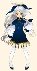 Rule 34 | 1girl, :o, blue dress, blue footwear, blush, brooch, capelet, dress, feathered wings, full body, garter straps, grey hair, hair ribbon, halo, hand on own hip, jewelry, lace, lace-trimmed legwear, lace trim, legs apart, long hair, long sleeves, looking at viewer, mikazukimo, open mouth, original, pigeon-toed, ponytail, puffy long sleeves, puffy sleeves, ribbon, ring, shoes, short dress, sidelocks, simple background, slit pupils, solo, standing, swept bangs, thighhighs, tsurime, very long hair, wavy hair, white thighhighs, white wings, wings, yellow eyes