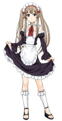 Rule 34 | 10s, 1girl, apron, breasts, brown hair, choker, elf, female focus, frills, fuji shinobu, kneehighs, long hair, looking at viewer, maid, maid apron, maid headdress, myucel foalan, outbreak company, pointy ears, purple eyes, sandals, skirt hold, small breasts, smile, socks, solo, standing, twintails