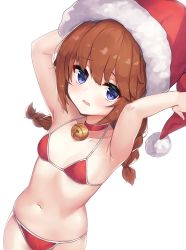 Rule 34 | 1girl, 2drr, armpits, arms up, bare arms, bare shoulders, bell, bikini, blue eyes, blush, braid, breasts, brown hair, choker, christmas, collarbone, commentary request, cowboy shot, dutch angle, fur-trimmed headwear, fur trim, hat, highres, jingle bell, long hair, looking at viewer, navel, neck bell, open mouth, princess connect!, red bikini, red choker, red hat, santa bikini, santa hat, simple background, small breasts, solo, standing, stomach, swimsuit, twin braids, white background, yuni (princess connect!)