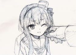 Rule 34 | 10s, 1girl, chain, chain necklace, hairband, hand on another&#039;s cheek, hand on another&#039;s face, jewelry, kantai collection, looking up, monochrome, necklace, one eye closed, shirubaburu, short hair with long locks, simple background, sketch, smile, solo focus, stroking cheek, tokitsukaze (kancolle), traditional media, white background