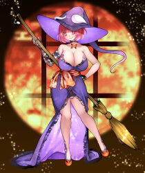 Rule 34 | 1girl, aoshima, bare shoulders, breasts, broom, cleavage, collarbone, dress, gloves, halloween, halloween costume, hat, highres, lace, lace-trimmed dress, lace gloves, lace trim, large breasts, lazy eye, saigyouji yuyuko, short hair, single sleeve, smile, solo, touhou, witch, witch hat