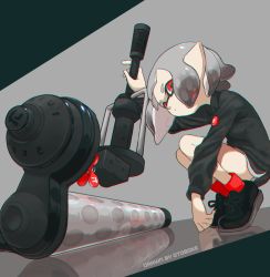 Rule 34 | 1girl, absurdres, artist name, black footwear, black shirt, black shorts, blunt bangs, closed mouth, commentary, dolphin shorts, english text, foreshortening, grey background, grey hair, highres, holding, holding weapon, inkling, inkling girl, inkling player character, light frown, logo, long sleeves, looking at viewer, nintendo, otoboke-san, pointy ears, red eyes, red socks, reflection, shirt, shoes, short hair, shorts, socks, solo, splatoon (series), splatoon 2, squatting, tentacle hair, tiptoes, weapon