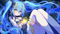 Rule 34 | 1girl, absurdres, ass, bare legs, blue bow, blue dress, blue hair, blue sleeves, blush, bow, commentary request, detached sleeves, dress, feet out of frame, futaba969649, galaxy, hair bow, hatsune miku, highres, holding, holding star, knees up, long hair, looking at viewer, night, night sky, sky, smile, solo, star (symbol), thighs, very long hair, vocaloid, wavy hair, yellow eyes