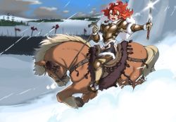 Rule 34 | 1girl, arched neck, armor, army, black thighhighs, blush, braid, cliff, cloud, day, french braid, fur trim, garter belt, garter straps, gauntlets, glint, green eyes, holding, holding sword, holding weapon, horse, landscape, leotard, looking to the side, mane, motion blur, muscular, muscular female, open mouth, original, outdoors, pauldrons, red hair, riding, saddle, shoulder armor, sky, snowing, standard bearer, stirrups (riding), sword, tail, thighhighs, v-shaped eyebrows, warrior, weapon, winter, ziromaru