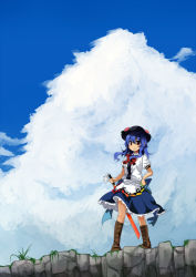 Rule 34 | 1girl, bad id, bad pixiv id, blue hair, boots, bow, bowtie, cliff, cloud, cross-laced footwear, day, female focus, food, fruit, hand on own hip, hat, hinanawi tenshi, ika, lace-up boots, peach, red eyes, sky, solo, standing, sword, sword of hisou, touhou, weapon
