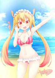 Rule 34 | 10s, 1girl, absurdres, arm up, artist name, beach, bikini, blue sky, blush, breasts, cleavage, cloud, collarbone, cropped legs, day, dragon girl, dragon horns, fang, frilled bikini, frills, heart, highres, hip focus, horns, kobayashi-san chi no maidragon, large breasts, long hair, looking at viewer, maid headdress, navel, ocean, open mouth, orange hair, outdoors, pink bikini, red eyes, sand, signature, sky, slit pupils, solo, sparkle, standing, striped bikini, striped clothes, sun, sunlight, swimsuit, text focus, tohru (maidragon), twintails, waving, yasaka (astray l)