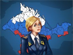 Rule 34 | 1girl, blonde hair, blue eyes, female focus, military, military uniform, natalia poklonskaya, real life, russia, russian text, uniform