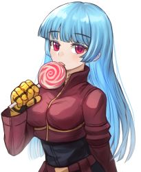Rule 34 | 1girl, arm behind back, blue hair, blunt bangs, bodysuit, breasts, candy, food, gloves, highres, kula diamond, licking, lollipop, long hair, looking at viewer, medium breasts, purple eyes, simple background, solo, sookmo, the king of fighters, upper body, white background