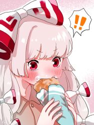 Rule 34 | !, !!, 1girl, blunt bangs, blush, bow, crepe, eating, food, food in mouth, food on face, fujiwara no mokou, grey hair, hair bow, hair ribbon, hands up, highres, holding, holding food, ice cream crepe, long hair, looking ahead, mokoiscat, multi-tied hair, outline, red eyes, ribbon, shirt, simple background, solo, spoken exclamation mark, touhou, tress ribbon, upper body, v-shaped eyebrows, white background, white bow, white outline, wing collar