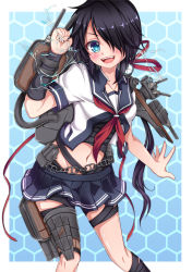 Rule 34 | 10s, 1girl, :d, bad id, bad pixiv id, bandages, black hair, black skirt, blue background, blue eyes, cowboy shot, crop top, electricity, fangs, hair over one eye, honeycomb (pattern), honeycomb background, honeycomb pattern, kako (kancolle), kantai collection, kojiro d, looking at viewer, machinery, midriff, navel, neckerchief, open mouth, pleated skirt, ponytail, sailor collar, school uniform, searchlight, serafuku, skirt, smile, solo