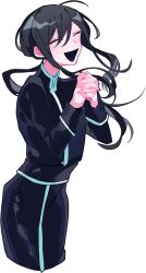 Rule 34 | 1boy, ahoge, bad source, black hair, cassock, closed eyes, hair between eyes, highres, himanemuitoma, long hair, long sleeves, low ponytail, open mouth, orthodoxia (vocaloid), own hands together, ponytail, praying, smile, tadashi kunai, transparent background, turtleneck, vocaloid
