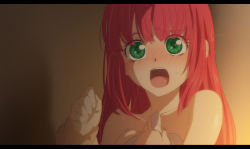 Rule 34 | 1girl, black border, blunt bangs, blush, border, collarbone, embarrassed, green eyes, hair down, highres, holding another&#039;s wrist, letterboxed, long hair, pochi-a, red hair, rubia natwick, shiny skin, solo, straight hair, sweatdrop, tales of (series), tales of the tempest