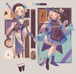 Rule 34 | 2girls, aqua bow, aqua cape, aqua collar, black footwear, black headwear, black tabard, blonde hair, blue background, blue bow, blue dress, blue gloves, blue hakama, blue sash, blue skirt, blue sleeves, blunt bangs, bonnet, boots, bow, brown eyes, brown shawl, candy, cape, cape lift, chinese commentary, chocolate, chocolate bar, closed mouth, coffee beans, collared dress, color guide, commentary, dress, drill hair, earrings, eyelashes, food, full body, geta, gloves, hair bun, hakama, hakama skirt, hat, hat bow, hat feather, highres, holding, holding spoon, japanese clothes, jewelry, kimono, lipstick, long hair, long sleeves, makeup, multiple girls, obi, open mouth, original, oversized object, pantyhose, pleated dress, puffy long sleeves, puffy sleeves, purple eyes, red lips, sash, shawl, short dress, short hair, single hair bun, skirt, sleeve bow, smile, sphere earrings, spoon, striped bow, striped clothes, striped pantyhose, tabard, twin drills, vertical-striped clothes, vertical-striped pantyhose, white gloves, white kimono, white pantyhose, yanmian (printemps-noir)