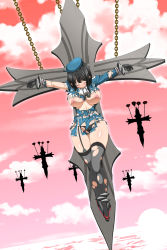 Rule 34 | 10s, 1girl, bdsm, black hair, bondage, bound, breasts, closed eyes, crucifixion, gradient background, highres, kantai collection, nipples, restrained, solo, stationary restraints, suspension, takao (kancolle), tom-supaiku, torn clothes
