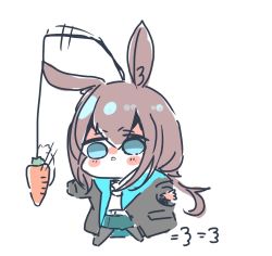 Rule 34 | 1girl, amiya (arknights), animal ears, arknights, bait, blue eyes, brown hair, carrot, carrot on stick, commentary request, full body, grey background, hair between eyes, highres, jacket, long hair, long sleeves, open clothes, open jacket, pantyhose, ponytail, rabbit ears, running, sena yuuta, shirt, sidelocks, simple background, skirt, solo