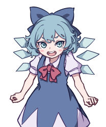 Rule 34 | 1girl, absurdres, angry, blue dress, blue eyes, blue hair, blush stickers, cirno, collared shirt, dress, flat chest, highres, ice, ice wings, kame (kamepan44231), long dress, neck ribbon, one-hour drawing challenge, open mouth, pinafore dress, puffy short sleeves, puffy sleeves, red ribbon, ribbon, shirt, short hair, short sleeves, simple background, sleeveless, sleeveless dress, solo, touhou, v-shaped eyebrows, white background, white shirt, wings