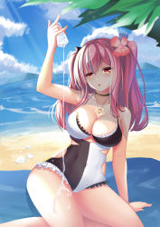 Rule 34 | 1girl, absurdres, alternate costume, arm up, azur lane, beach, black choker, blush, boli shenshe, bottle, breasts, bremerton (azur lane), choker, cloud, covered navel, day, flower, frilled swimsuit, frills, grey hair, hair between eyes, hair flower, hair ornament, heart, heart necklace, highres, holding, holding bottle, large breasts, long hair, looking at viewer, multicolored hair, necklace, ocean, open mouth, outdoors, palm tree, pink hair, red eyes, shell, sitting, sky, solo, streaked hair, swimsuit, thighs, tree, twintails, two-tone swimsuit, water