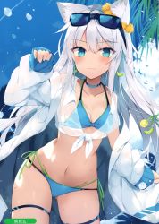 Rule 34 | 1girl, absurdres, animal ear fluff, animal ears, bikini, blue bikini, blue eyes, blue sky, blush, breasts, choker, cloud, collarbone, cowboy shot, day, earrings, eyewear on head, flower, fox ears, front-tie top, gluteal fold, groin, hand up, highres, jacket, jewelry, long hair, long sleeves, looking at viewer, melonbooks, navel, nibiiro shizuka, off shoulder, open clothes, open jacket, outdoors, scan, see-through, side-tie bikini bottom, skindentation, sky, small breasts, smile, solo, standing, stomach, sunglasses, sunlight, swimsuit, thigh strap, wavy mouth, wet, white hair, white jacket, yellow flower