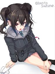 Rule 34 | 1girl, bad id, bad pixiv id, black jacket, black skirt, blouse, blush, brown eyes, brown hair, commentary, feet out of frame, from above, hair between eyes, highres, hood, hooded jacket, idolmaster, idolmaster cinderella girls, jacket, long hair, long sleeves, looking at viewer, mask, unworn mask, miniskirt, mouth mask, necktie, okuri banto, open mouth, pleated skirt, sharp teeth, shirt, simple background, sitting, skirt, solo, sunazuka akira, surgical mask, teeth, thighs, twintails, twitter username, white background, white shirt