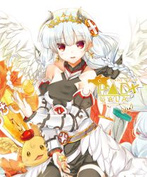 Rule 34 | 1girl, bare shoulders, braid, heco (mama), light valkyrie (p&amp;d), long hair, puzzle &amp; dragons, red eyes, solo, thighhighs, twin braids, valkyrie (p&amp;d), white hair, wings