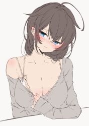 Rule 34 | 1girl, ahoge, alternate costume, blue eyes, blush, bra, breasts, brown hair, chigasaki yukari, cleavage, closed mouth, grey shirt, highres, kantai collection, large breasts, long hair, long sleeves, looking at viewer, off shoulder, shigure (kancolle), shirt, simple background, sketch, sleeves past wrists, solo, sweat, underwear, upper body, white bra