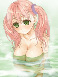 Rule 34 | 10s, 1girl, areola slip, atelier (series), atelier escha &amp; logy, blush, breasts, cleavage, collarbone, escha malier, female focus, green eyes, green hair, large areolae, large breasts, matching hair/eyes, naked towel, onsen, partially submerged, pink hair, smile, solo, takanashi, towel, twintails, wet
