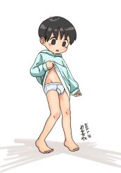 Rule 34 | barefoot, black hair, briefs, bulge, clothes lift, dated, feet, full body, highres, hood, hood down, hoodie, hoodie lift, lifted by self, looking down, male underwear, mesotane, open mouth, original, short hair, signature, simple background, standing, toes, underwear, white background, white male underwear