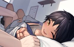 Rule 34 | 1girl, ;d, black hair, breasts, cleavage, fingering, hetero, highres, holding hands, indoors, looking at viewer, lying, mitsukuni, on back, on bed, one eye closed, open mouth, original, pillow, shelf, shorts, shorts around one leg, small breasts, smile, sweatdrop, tan, tomboy, zipper