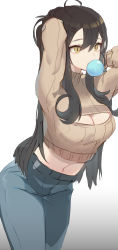 Rule 34 | 1girl, ahoge, allos, arms up, black hair, breasts, brown sweater, blowing bubbles, casual, chewing gum, cleavage, cleavage cutout, clothing cutout, commentary request, cowboy shot, denim, gradient background, hair between eyes, highres, jeans, large breasts, leaning forward, long hair, long sleeves, meme attire, navel, open-chest sweater, original, pants, sidelocks, solo, stomach, sweater, white background, yellow eyes