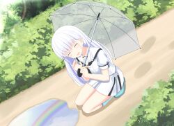 Rule 34 | 1girl, ^ ^, after rain, aqua footwear, blunt ends, blush, boots, bush, closed eyes, commentary request, day, dutch angle, facing viewer, from above, full body, hair between eyes, hair ornament, hairclip, happy, highres, holding, holding umbrella, kneeling, long hair, miniskirt, naruse shiroha, open mouth, outdoors, puddle, puffy short sleeves, puffy sleeves, rainbow, reflection, reflective water, road, rubber boots, sailor collar, school uniform, shirt, short sleeves, sidelocks, skirt, smile, solo, soranishi hiro, straight hair, summer pockets, transparent, transparent umbrella, umbrella, very long hair, white hair, white sailor collar, white shirt, white skirt