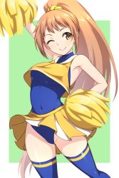 Rule 34 | 1girl, ;), arm up, blue leotard, blue thighhighs, breasts, brown eyes, brown hair, cheerleader, closed mouth, commentary request, covered navel, green background, hair ornament, hair scrunchie, hand on own hip, heattech leotard, high ponytail, holding, idolmaster, idolmaster cinderella girls, leotard, leotard under clothes, long hair, medium breasts, one eye closed, pataneet, pleated skirt, pom pom (cheerleading), ponytail, sailor collar, scrunchie, shirt, skirt, sleeveless, sleeveless shirt, smile, solo, thighhighs, turtleneck, two-tone background, very long hair, wakabayashi tomoka, white background, white sailor collar, yellow scrunchie, yellow shirt, yellow skirt