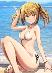 Rule 34 | 1girl, barefoot, beach, bikini, blurry, blurry background, breasts, commentary request, day, double bun, hair between eyes, hair bun, highres, ichikawa feesu, kantai collection, light brown hair, looking at viewer, michishio (kancolle), mountain, outdoors, sand, short twintails, sitting, small breasts, smile, solo, speech bubble, swimsuit, twintails, water, white bikini, yellow eyes