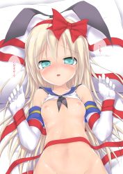 Rule 34 | 10s, 1girl, blonde hair, blue eyes, bottomless, clothes lift, elbow gloves, flat chest, gloves, kantai collection, long hair, nipples, personification, petite, shimakaze (kancolle), shirt lift, solo, translated, tsunbeji