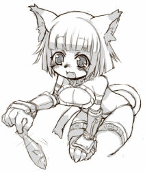 Rule 34 | 00s, 1girl, animal, animal ears, breasts, cat ears, cat girl, cat tail, final fantasy, final fantasy xi, fish, greyscale, medium breasts, mithra (ff11), monochrome, simple background, sketch, solo, tail