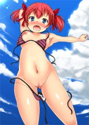 Rule 34 | 1girl, arms up, bikini, blue eyes, blush, breasts, cleft of venus, cloud, day, hair ribbon, highres, navel, nipples, nude, open mouth, original, pussy, red hair, ribbon, short hair, sky, small breasts, solo, striped bikini, striped clothes, sukesan, swimsuit, twintails, uncensored, wardrobe malfunction