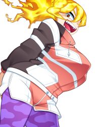Rule 34 | 1girl, arms behind back, ass grab, boku no hero academia, breasts, brown eyes, burnin (boku no hero academia), casual, collared jacket, crazy eyes, eyebrows, fangs, female focus, fiery hair, fingernails, fire, grabbing own ass, hair between eyes, highres, jacket, kamiji moe, large breasts, leggings, leggings under shorts, legs, long hair, long sleeves, looking at viewer, looking to the side, mask, neck, official alternate costume, open mouth, pocopocomeron, ponytail, purple leggings, short shorts, shorts, side slit, side slit shorts, sidelocks, simple background, standing, thick thighs, thighs, tight clothes, track jacket, unworn mask, white background, wide ponytail