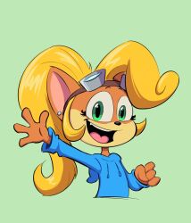 Rule 34 | 1girl, belette 2, blonde hair, blue hoodie, coco bandicoot, crash bandicoot (series), goggles, goggles on head, green background, green eyes, highres, hood, hoodie, looking at viewer, open mouth, simple background, solo, upper body, waving
