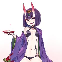 Rule 34 | 1girl, alcohol, black hair, chan co, cherry blossoms, cup, fang, fate/grand order, fate (series), horns, japanese clothes, kimono, midriff, monster girl, navel, off shoulder, oni, open mouth, petals, purple eyes, sakazuki, sake, short hair, shuten douji (fate), shuten douji (first ascension) (fate), simple background, sitting, solo, white background