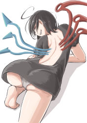 Rule 34 | 1girl, all fours, antenna hair, ass, asymmetrical wings, back, back cutout, backless dress, backless outfit, baketsuya, black dress, black hair, clothing cutout, cowboy shot, dress, from behind, grey panties, grin, highres, houjuu nue, looking at viewer, looking back, microdress, naughty face, panties, red eyes, short hair, short sleeves, shoulder blades, sideways glance, sideways mouth, simple background, smile, soles, solo, touhou, underwear, white background, wings