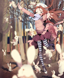 Rule 34 | 1girl, :3, absurdres, bad id, bad pixiv id, blush, brown hair, closed eyes, hat, highres, long hair, long sleeves, open mouth, original, outstretched arms, rabbit, scarf, skirt, solo, striped clothes, striped thighhighs, thighhighs, too many, too many rabbits, yo yuma