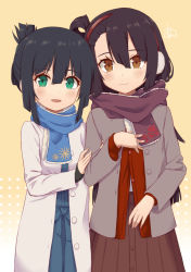 Rule 34 | 2girls, black hair, blue scarf, blush, brown eyes, brown hair, commentary request, earmuffs, floral print, folded ponytail, green eyes, hair between eyes, hand on own chest, highres, ishikane aoi, koori chikage, long hair, long sleeves, looking at viewer, multiple girls, nogi wakaba wa yuusha de aru, scarf, signature, sleeves past wrists, time paradox, very long hair, washio sumi, yellow background, yuuki yuuna wa yuusha de aru, yuusha de aru