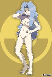 Rule 34 | 1girl, absurdres, adjusting hair, armpits, artist name, barefoot, breasts, cleft of venus, clenched hands, clenched teeth, collarbone, completely nude, creatures (company), elite four, eyelashes, feet, female focus, fingernails, full body, game freak, grey eyes, grey hair, groin, hair intakes, half-closed eyes, hand on own hip, hand up, head tilt, heel up, highres, karen (pokemon), large breasts, legs, long hair, looking at viewer, matching hair/eyes, navel, neck, nilterguy, nintendo, nipples, nude, nude filter, official art nude filter, on one knee, parted bangs, parted lips, poke ball symbol, pokemon, pokemon hgss, pussy, revision, seductive smile, sidelocks, smile, standing, teeth, thighs, third-party edit, toenails, toes, unworn clothes, v-shaped eyebrows, wavy hair, yellow background