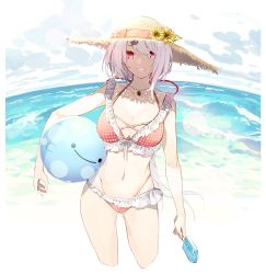 Rule 34 | 1girl, ball, beachball, bikini, breasts, cleavage, commentary request, food, frills, grin, hat, highres, jewelry, long hair, looking at viewer, navel, necklace, nijisanji, ocean, ponytail, popsicle, purple eyes, senmu (senmudayo), shiina yuika, shiina yuika (6th costume), smile, solo, straw hat, swimsuit, virtual youtuber, white hair