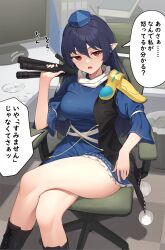 Rule 34 | 1girl, blue dress, blue hair, blue headwear, breasts, chair, crossed legs, dress, highres, holding tripod, iizunamaru megumu, kanpa (campagne 9), long hair, looking at viewer, monitor, office, office chair, pom pom (clothes), red eyes, sitting, solo, speech bubble, swivel chair, thighs, touhou, translation request