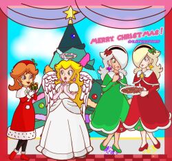 Rule 34 | 4girls, blonde hair, blue eyes, box, brown hair, christmas lights, christmas ornaments, christmas tree, dress, earrings, flower earrings, friends, full body, gift, gift box, gloves, grin, hair over one eye, halo, headband, jewelry, long hair, mario (series), mario kart, mario kart tour, merry christmas, multiple girls, nintendo, princess daisy, princess daisy (holiday cheer), princess peach, rosalina, santa costume, santa dress, smile, standing, tomboy, white dress, white hair, wings