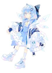 Rule 34 | 1girl, blue bow, blue dress, blue eyes, blue hair, bow, cirno, detached wings, dress, fairy, full body, hair between eyes, hair bow, hair ornament, hairclip, highres, ice, ice wings, jacket, long sleeves, necktie, nikorashi-ka, open clothes, open jacket, shoes, short hair, simple background, socks, solo, touhou, white background, white footwear, white jacket, white socks, wings, yellow necktie